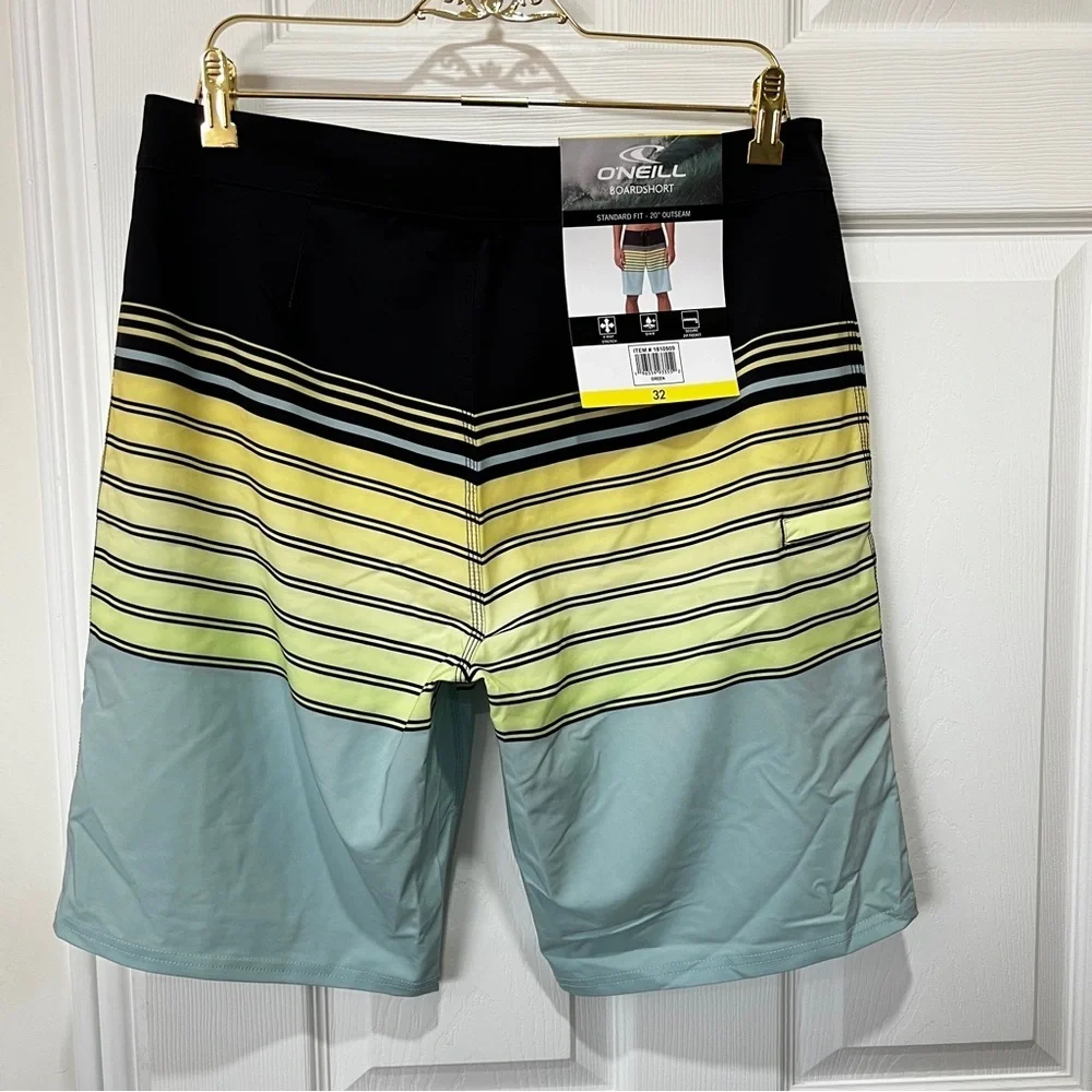 O'Neill Boardshort Swim‎ Shorts Men's Size 32 Striped Black Teal Green Unlined